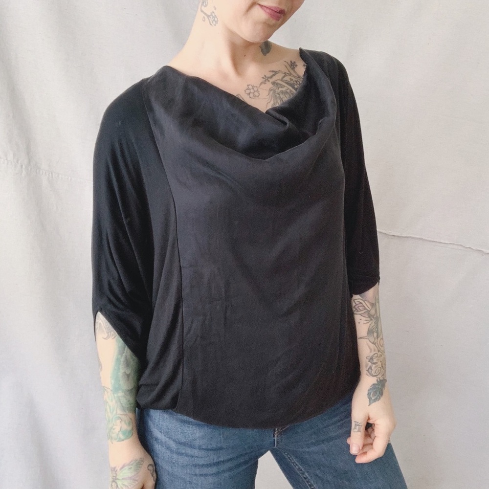 DREW Silk & Modal Front Draped Top Black Small